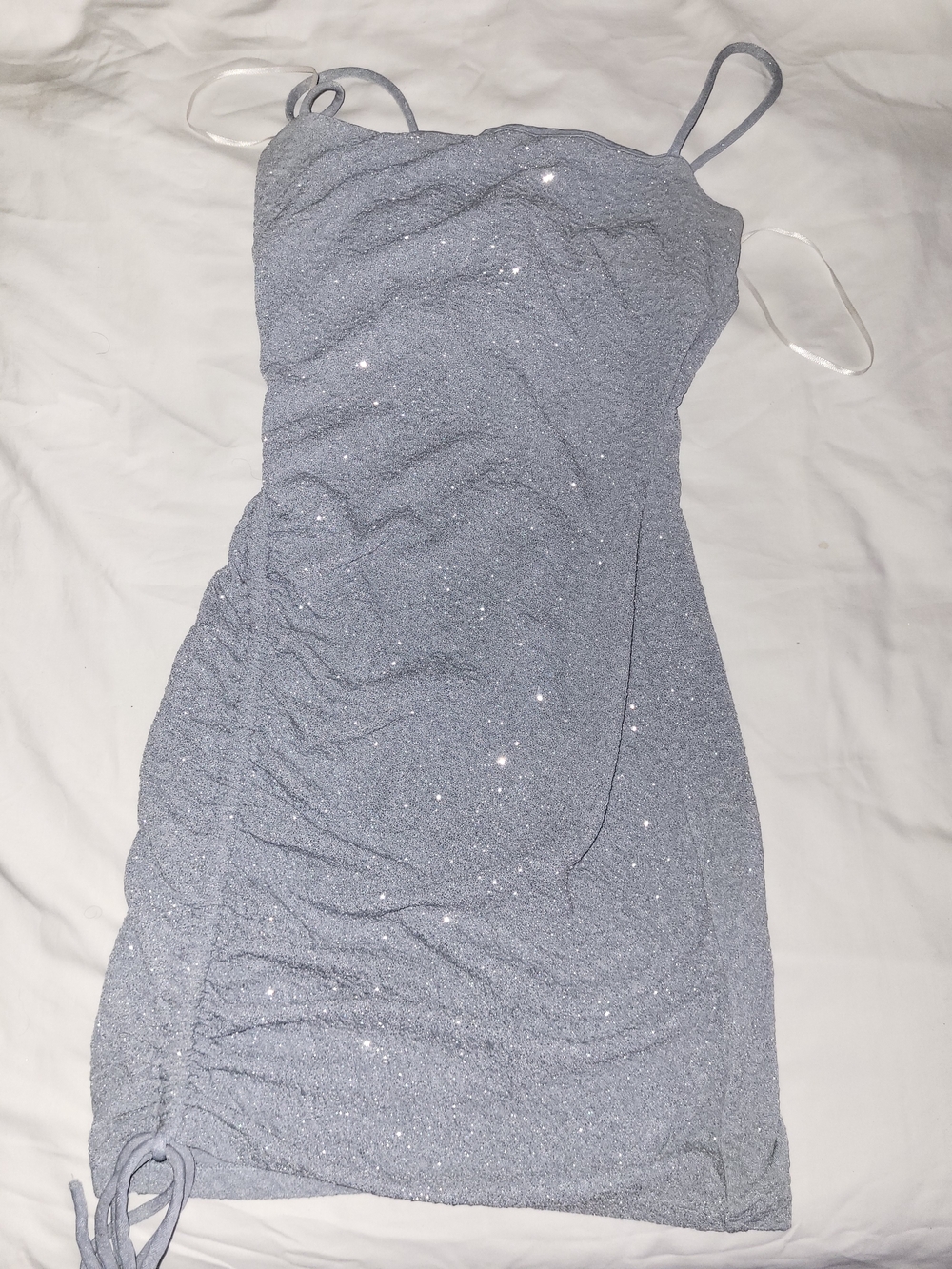 Windsor Silver Sparkle Ruched Spaghetti-Strap Mini Dress
